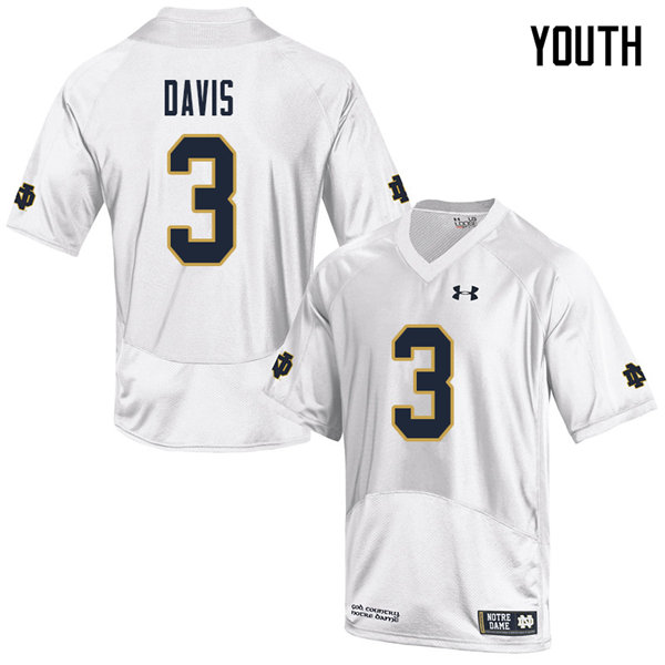 Youth NCAA Notre Dame Fighting Irish #3 Avery Davis Stitched College Under Armour Authentic White Football Jersey TE10S45VQ